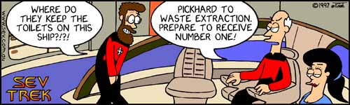 Sev Trek - cartoon spoofs
of Star Trek. Copyright 1997 by John Cook.