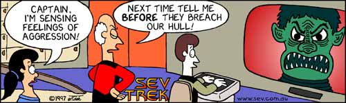 Sev Trek - cartoon spoofs
of Star Trek. Copyright 1997 by John Cook.