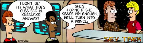 Sev Trek - cartoon spoofs
      of Star Trek. Copyright 1997 by John Cook.