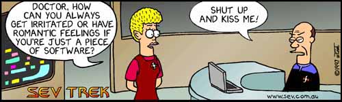Sev Trek - cartoon spoofs
      of Star Trek. Copyright 1997 by John Cook.